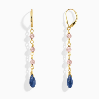 18KT Yellow Gold Vermeil Freeform Rose Quartz & Blue Sapphire Linked Dangle Earrings - Trailing Whispers Front View