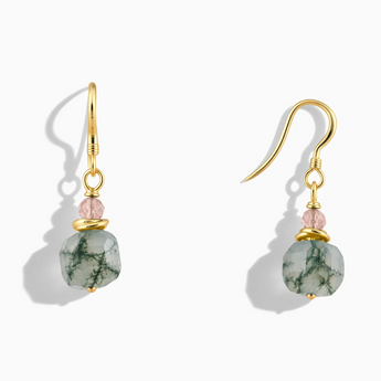 18KT Yellow Gold Vermeil Freeform Rose Quartz & Moss Agate Dangle Earrings - Woven Duet Front View