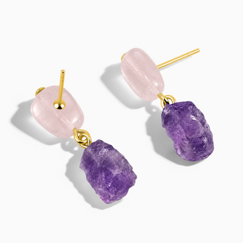18KT Yellow Gold Vermeil Freeform Rose Quartz & Raw Amethyst Stud Earrings - Tethered Earth Side View