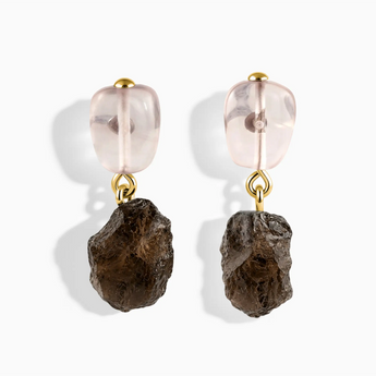 18KT Yellow Gold Vermeil Freeform Rose Quartz & Raw Smoky Quartz Stud Earrings - Tethered Earth Front View