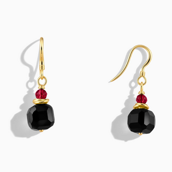 18KT Yellow Gold Vermeil Freeform Ruby & Black Onyx Dangle Earrings - Woven Duet Front View