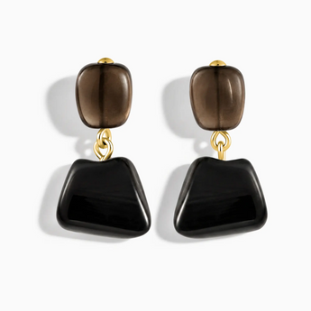 18KT Yellow Gold Vermeil Freeform Smoky Quartz & Black Onyx Stud Earrings - Linked Fate Front View