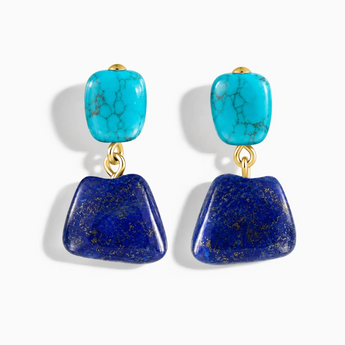 18KT Yellow Gold Vermeil Freeform Turquoise & Lapis Lazuli Stud Earrings - Linked Fate Front View