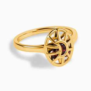 18KT Yellow Gold Vermeil Garnet Crescent Moon Hollow Oval Shaker Ring - Soul Cage Angled Front View