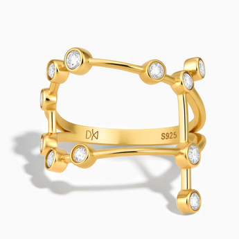 18KT Yellow Gold Vermeil Gemini Zodiac Constellation Ring - White Zircon Front View
