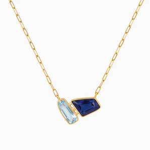 18KT Yellow Gold Vermeil Geometric Aquamarine & Blue Sapphire Necklace - Twofold Glow Front View