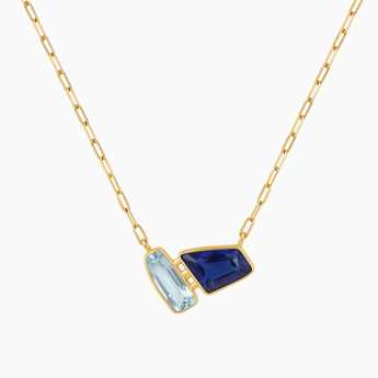 18KT Yellow Gold Vermeil Geometric Aquamarine & Blue Sapphire Necklace - Twofold Glow Front View