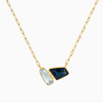 18KT Yellow Gold Vermeil Geometric Aquamarine & London Blue Topaz Necklace - Twofold Glow Front View
