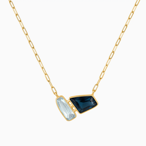 18KT Yellow Gold Vermeil Geometric Aquamarine & London Blue Topaz Necklace - Twofold Glow Front View