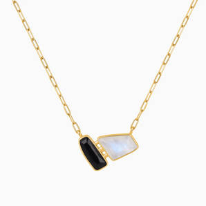 18KT Yellow Gold Vermeil Geometric Black Onyx & Moonstone Necklace - Twofold Glow Front View