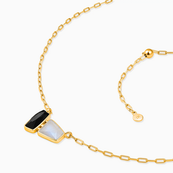 18KT Yellow Gold Vermeil Geometric Black Onyx & Moonstone Necklace - Twofold Glow Side View