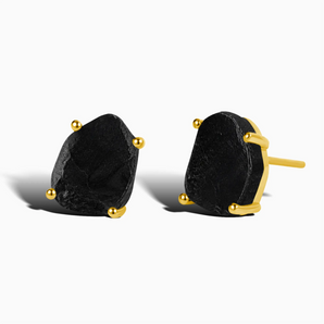 18KT Yellow Gold Vermeil Geometric Freeform Black Onyx Stud Earrings - Facet Prism Front View