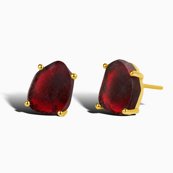 18KT Yellow Gold Vermeil Geometric Freeform Garnet Stud Earrings - Facet Prism Front View