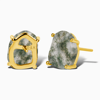 18KT Yellow Gold Vermeil Geometric Freeform Moss Agate Stud Earrings - Facet Prism Back View