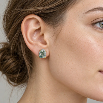 18KT Yellow Gold Vermeil Geometric Freeform Moss Agate Stud Earrings Facet Prism Model Shot Close Up