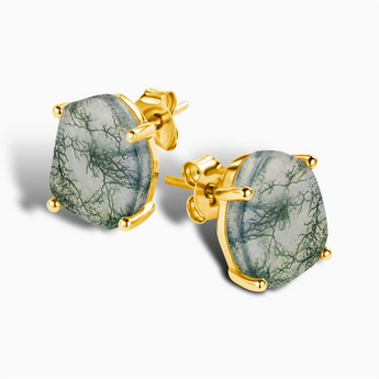 18KT Yellow Gold Vermeil Geometric Freeform Moss Agate Stud Earrings - Facet Prism Side View