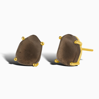 18KT Yellow Gold Vermeil Geometric Freeform Smoky Quartz Stud Earrings - Facet Prism Front View
