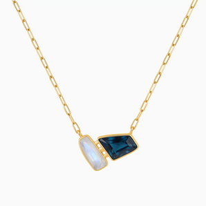 18KT Yellow Gold Vermeil Geometric Moonstone & London Blue Topaz Necklace - Twofold Glow Front View