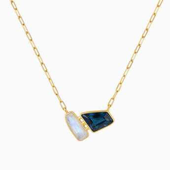 18KT Yellow Gold Vermeil Geometric Moonstone & London Blue Topaz Necklace - Twofold Glow Front View