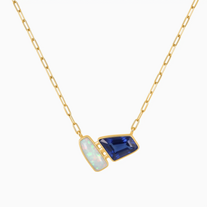 18KT Yellow Gold Vermeil Geometric Opal & Blue Sapphire Necklace - Twofold Glow Front View