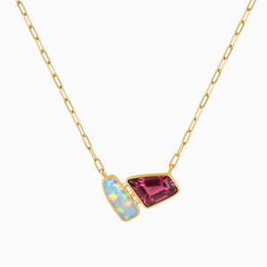 18KT Yellow Gold Vermeil Geometric Opal & Pink Tourmaline Necklace - Twofold Glow Front View