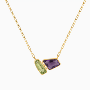 18KT Yellow Gold Vermeil Geometric Peridot & Amethyst Necklace - Twofold Glow Front View