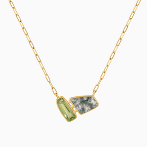 18KT Yellow Gold Vermeil Geometric Peridot & Moss Agate Necklace - Twofold Glow Front View