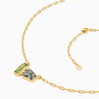 18KT Yellow Gold Vermeil Geometric Peridot & Moss Agate Necklace - Twofold Glow Side View