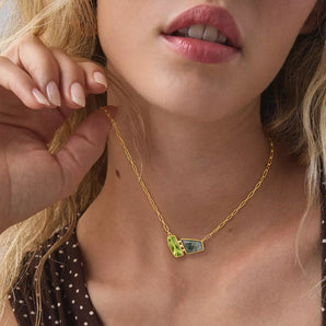 18KT Yellow Gold Vermeil Geometric Peridot & Moss Agate Necklace - Twofold Glow Worn View