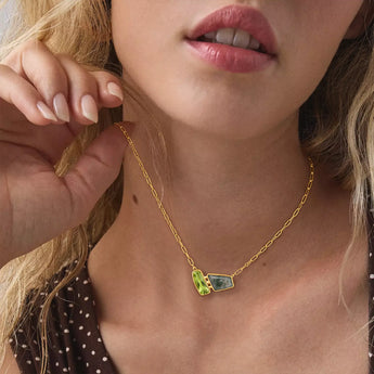 18KT Yellow Gold Vermeil Geometric Peridot & Moss Agate Necklace - Twofold Glow Worn View