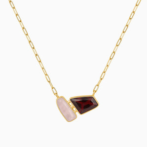 18KT Yellow Gold Vermeil Geometric Rose Quartz & Garnet Necklace - Twofold Glow Front View