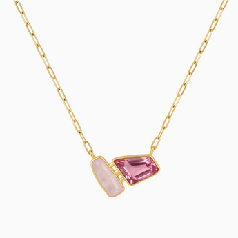 18KT Yellow Gold Vermeil Geometric Rose Quartz & Pink Tourmaline Necklace - Twofold Glow Front View