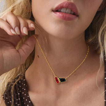 18KT Yellow Gold Vermeil Geometric Ruby & Black Onyx Necklace - Twofold Glow Worn View