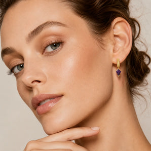 18KT Yellow Gold Vermeil Granulated Kite Amethyst Earrings - Valkyrie Wearing Diagram