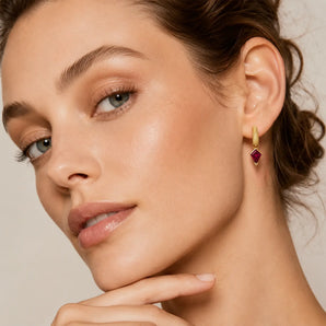 18KT Yellow Gold Vermeil Granulated Kite Ruby Earrings - Valkyrie Wearing Diagram