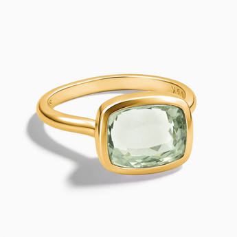 18KT Yellow Gold Vermeil Green Amethyst Cushion Ring - Pure Hush Front View