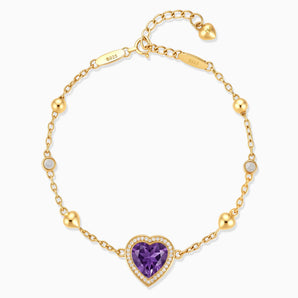 18KT Yellow Gold Vermeil Halo Heart Amethyst Station Bracelet - Sweet Love Front View