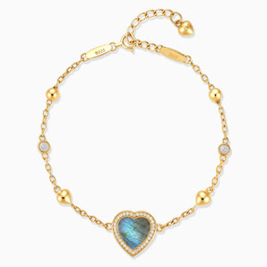 18KT Yellow Gold Vermeil Halo Heart Labradorite Station Bracelet - Sweet Love Front View