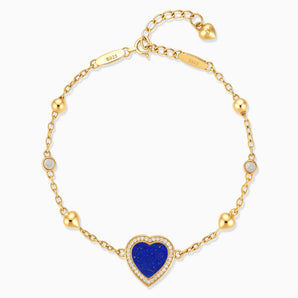 18KT Yellow Gold Vermeil Halo Heart Lapis Lazuli Station Bracelet - Sweet Love Front View
