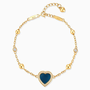 18KT Yellow Gold Vermeil Halo Heart London Blue Topaz Station Bracelet - Sweet Love Front View
