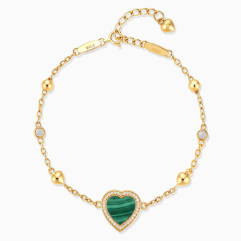 18KT Yellow Gold Vermeil Halo Heart Malachite Station Bracelet - Sweet Love Front View