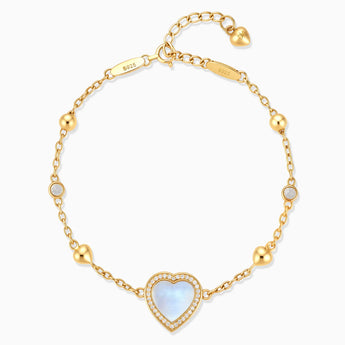 18KT Yellow Gold Vermeil Halo Heart Moonstone Station Bracelet - Sweet Love Front View
