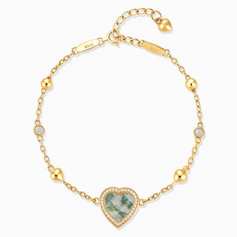 18KT Yellow Gold Vermeil Halo Heart Moss Agate Station Bracelet - Sweet Love Front View