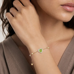 18KT Yellow Gold Vermeil Halo Heart Peridot Station Bracelet - Sweet Love Worn View