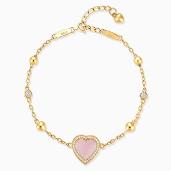 18KT Yellow Gold Vermeil Halo Heart Rose Quartz Station Bracelet - Sweet Love Front View
