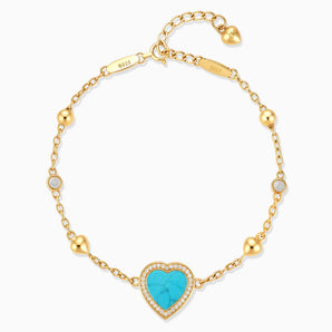 18KT Yellow Gold Vermeil Halo Heart Turquoise Station Bracelet - Sweet Love Front View
