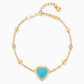 18KT Yellow Gold Vermeil Halo Heart Turquoise Station Bracelet - Sweet Love Front View
