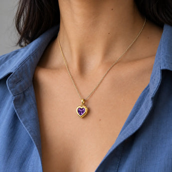 18KT Yellow Gold Vermeil Heart Amethyst Bezel Necklace - Love Shelter Neck View