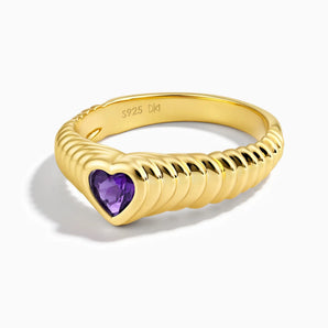 18KT Yellow Gold Vermeil Heart Amethyst Fluted Ring - Coeur Fold Front View