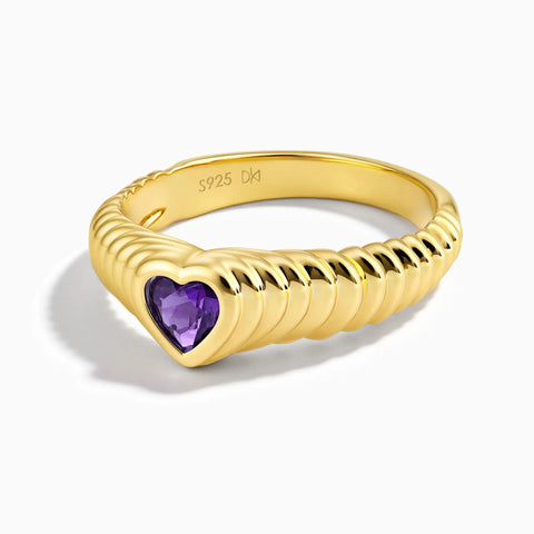18KT Yellow Gold Vermeil Heart Amethyst Fluted Ring - Coeur Fold Front View